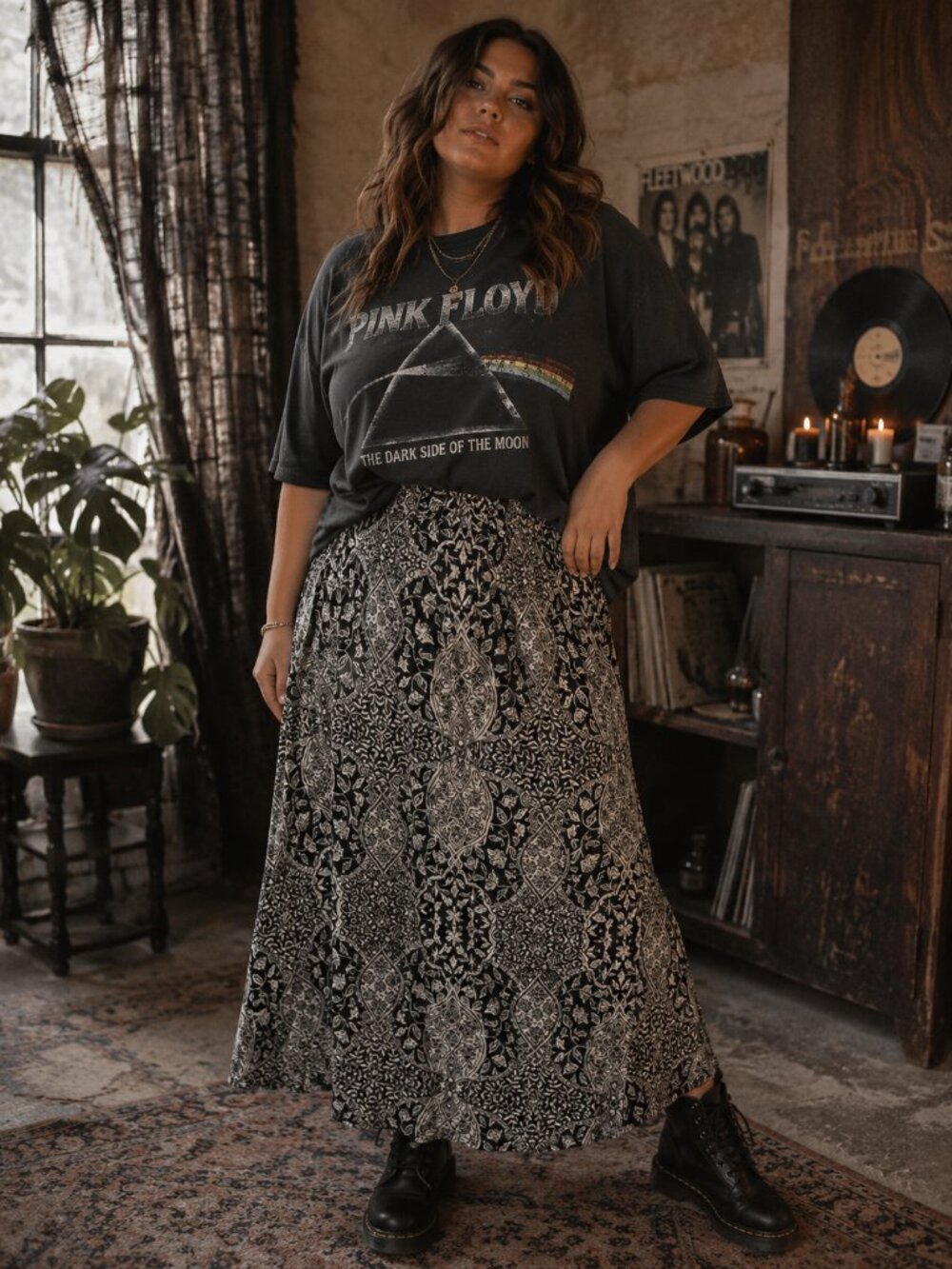 Boho Paisley Maxi Skirt | Black & Ivory Print Flowy Skirt